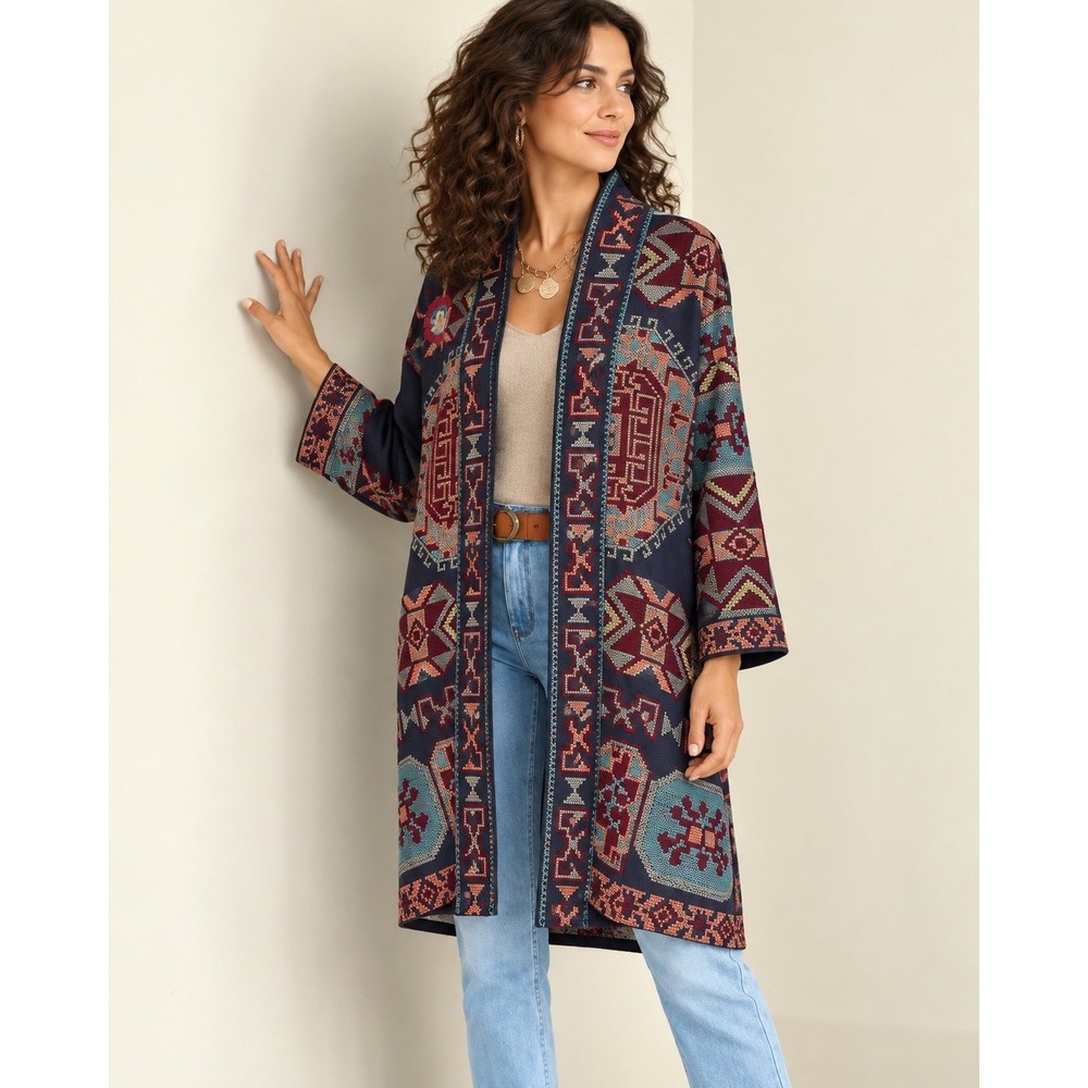 Soft Surroundings NWT Embroidered Annie Kimono Jacket Navy One Size MSRP $140